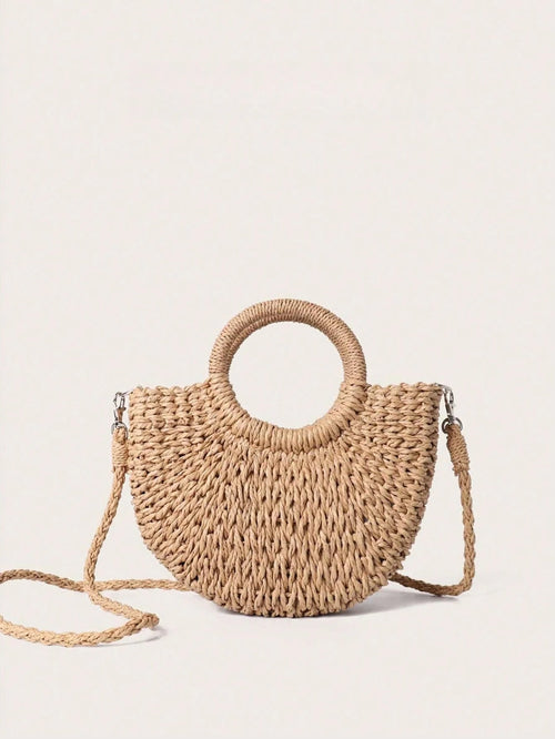 Forest Style Handmade Straw Woven Handbag Half Circle Beach Diagonal Cross Bag Bohemianstyle