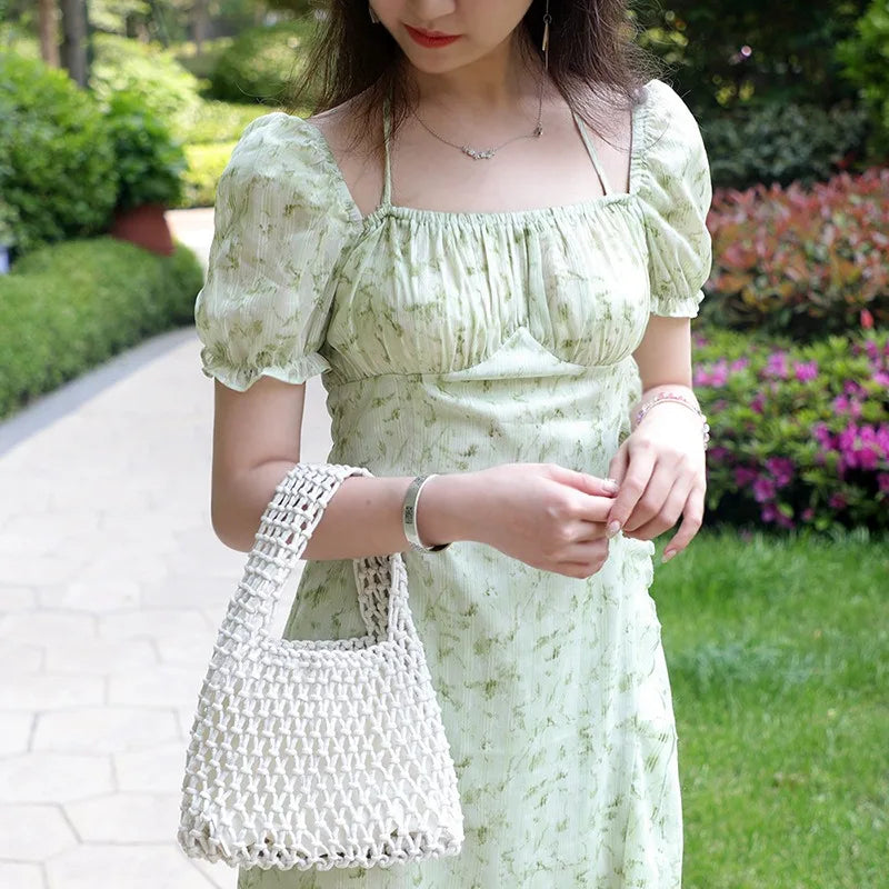 Summer Hollow Woven Cotton Rope Tote Bag Women Handmade Mesh Beach Casual Handbag Shoulder Vacation