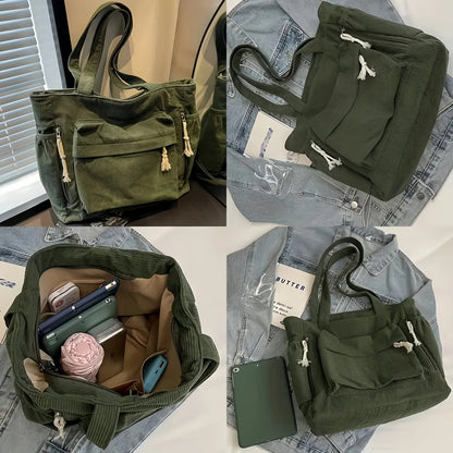 Corduroy Travel Tote Bag with Multiple Pockets - Shoulder Handbag
