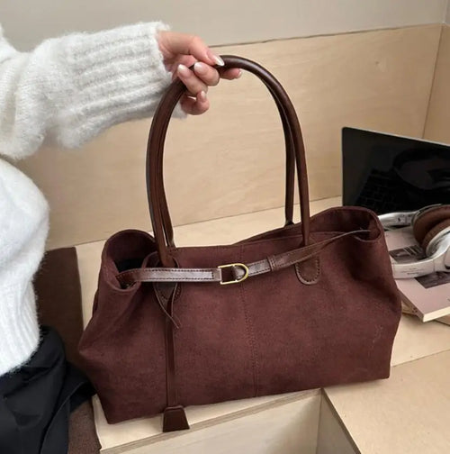 Large Capacity Vintage Faux Suede Shoulder Handbag for Women
