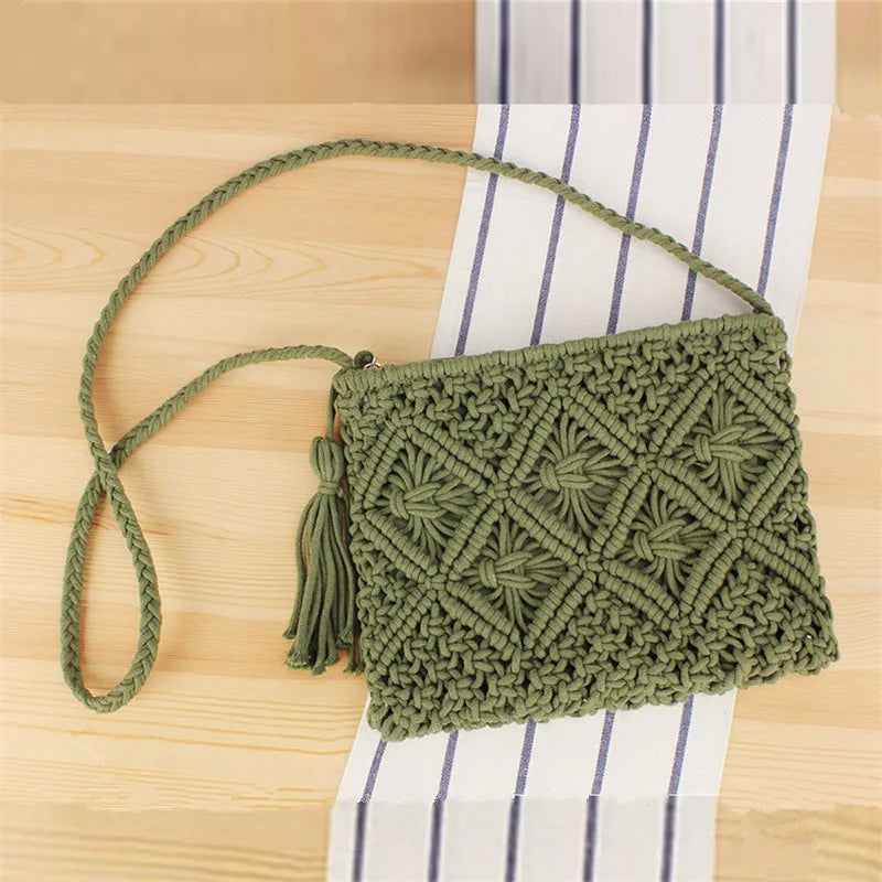 Bohemian Woven Rope Crossbody Bag with Tassel Detail