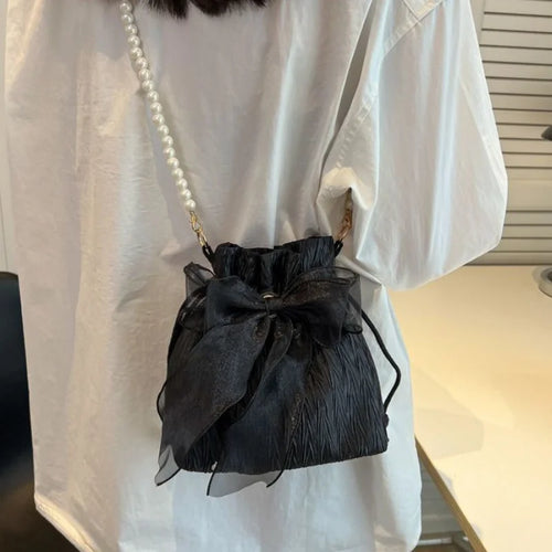 Canvas Crossbody Bag with Bowknot & Faux Pearl Chain