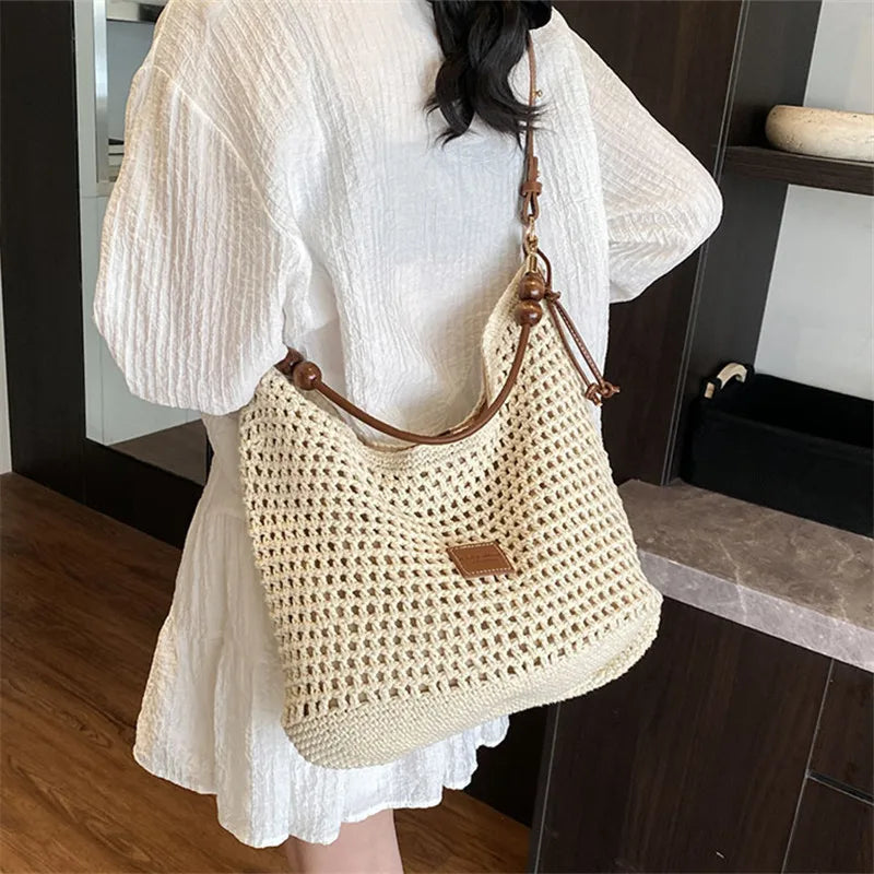 Woven Beach Bag – Women's Knit Shoulder Bag with Leather Strap