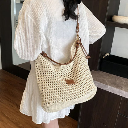 Woven Beach Bag – Women's Knit Shoulder Bag with Leather Strap