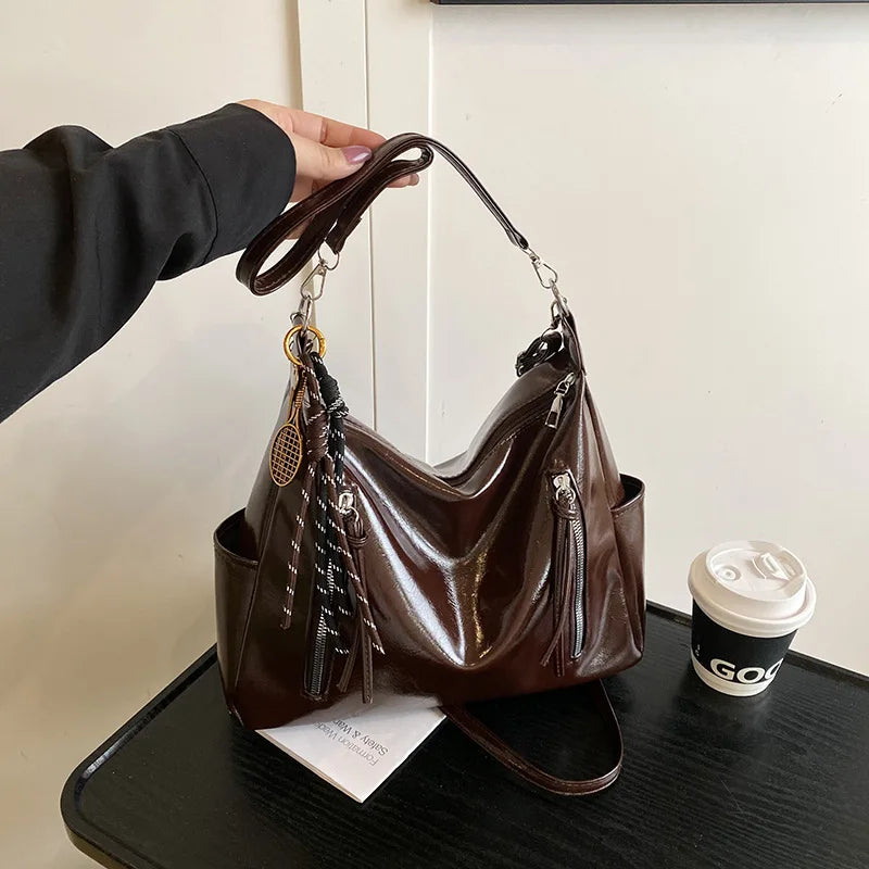 PU Leather Shoulder Bag with Side Pockets & Removable Charm