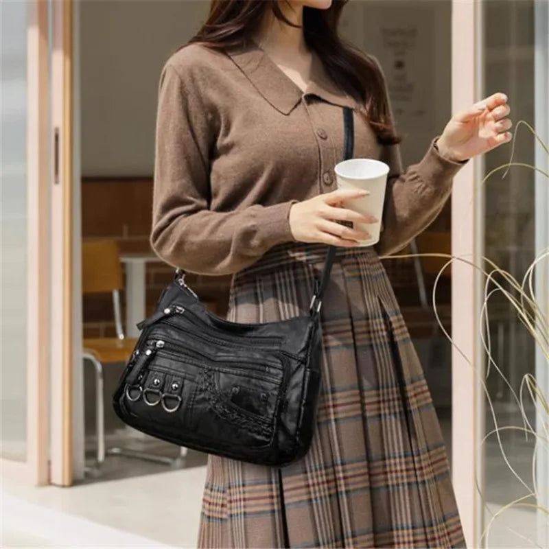 Vintage PU Leather Crossbody Bag Multi-Pocket Shoulder Bag