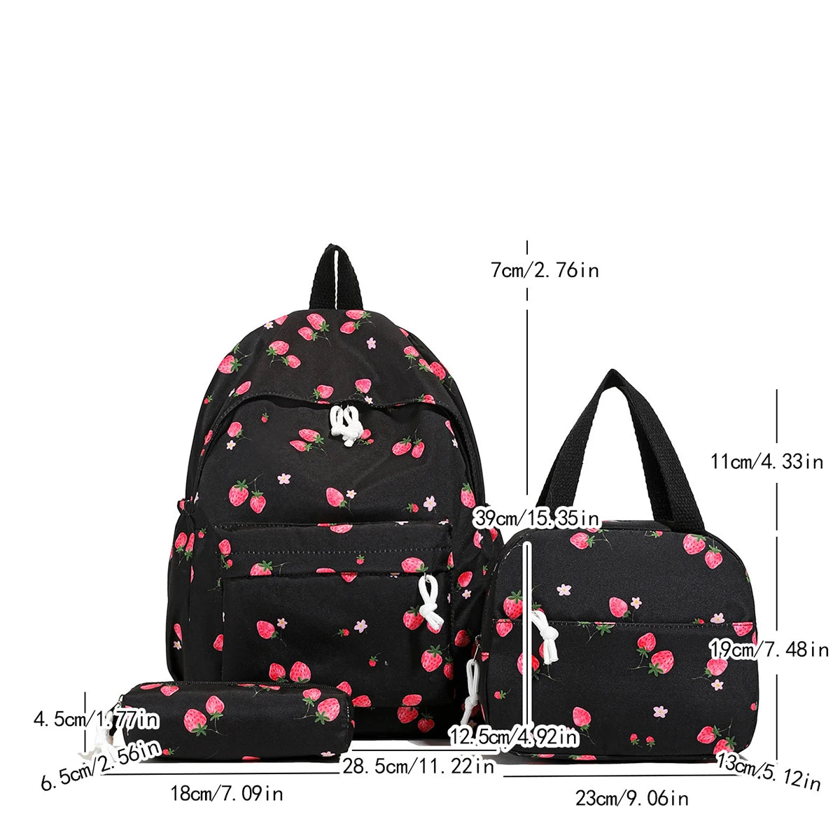 Fashionable Cute Strawberry Backpack Set 3pcs Handbag Pen Pouch Quilted Nylon Women S Dual Zipper