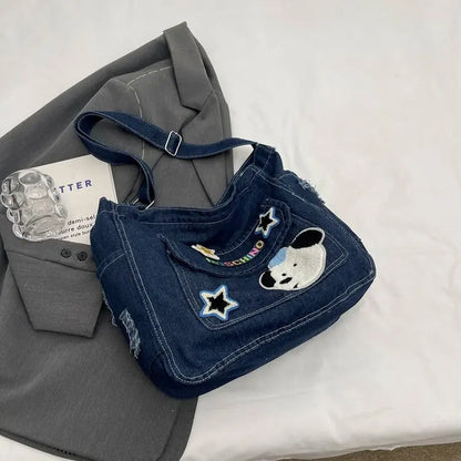 Cartoon Embroidered Denim Tote Bag – Crossbody Shoulder Bag