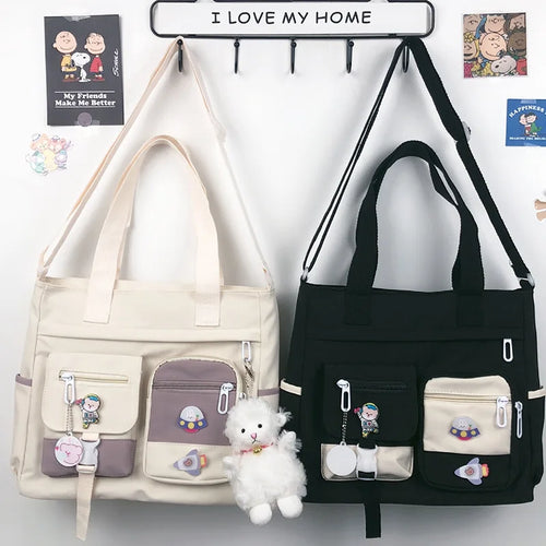Canvas Crossbody Tote Bag Multi-Pocket Shoulder Bag