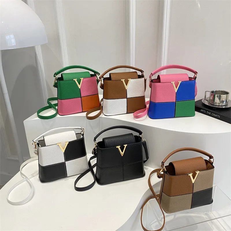 Colorblock Bucket Bag – Mini Crossbody Handbag with Gold V Accent