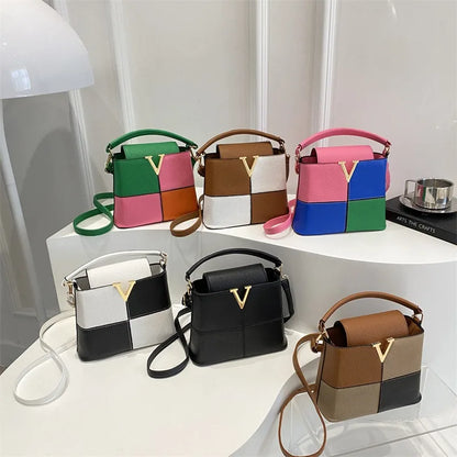 Colorblock Bucket Bag – Mini Crossbody Handbag with Gold V Accent