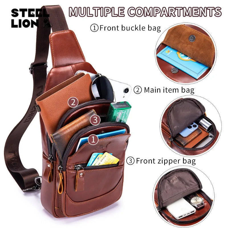 Large-Capacity Genuine Leather Men S Single-Shoulder Crossbody Usb Chest Bag Top Layer Cowhide