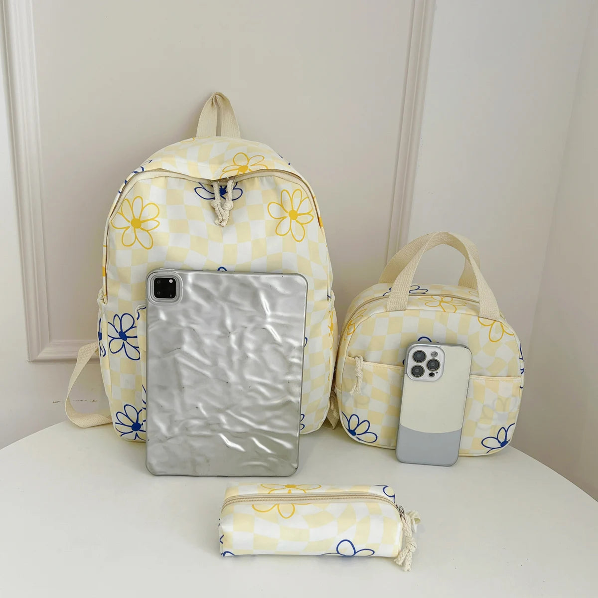 Dopamine Checkerboard Floral Print Three Piece Backpack Set Lightweight
