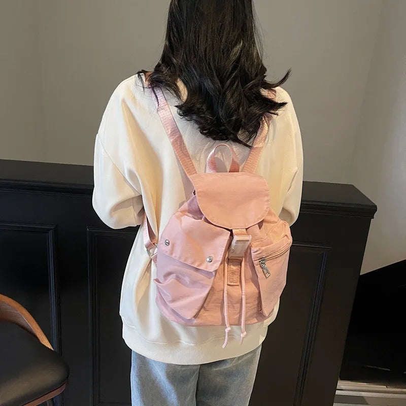 Mini Drawstring Flap Backpack Water-Resistant for Women