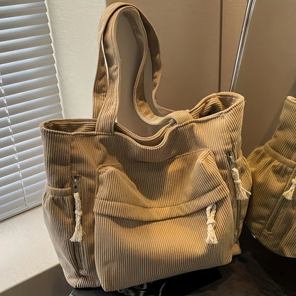 Corduroy Travel Tote Bag with Multiple Pockets - Shoulder Handbag
