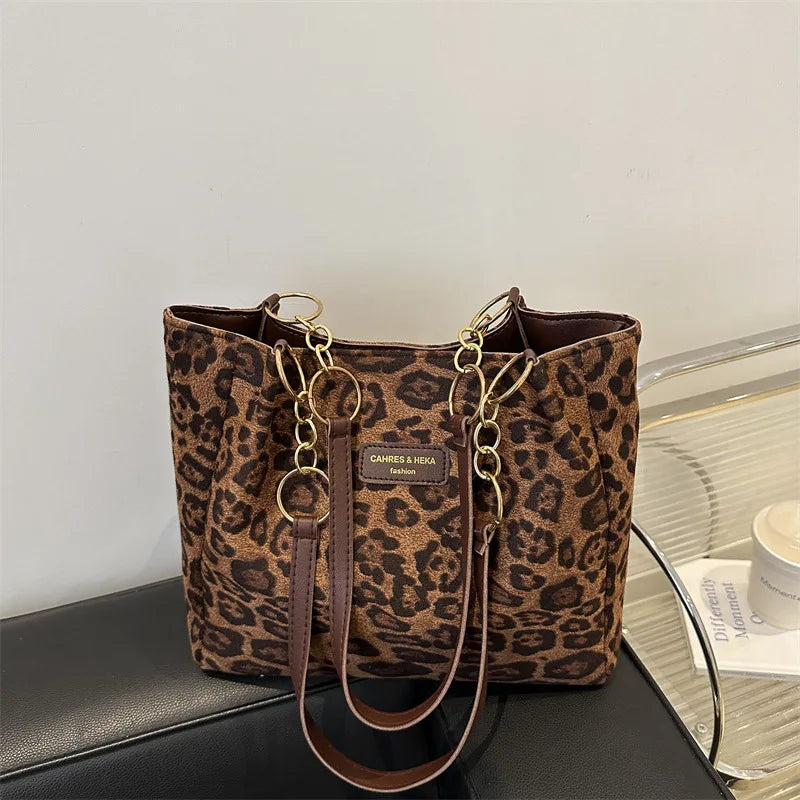 Leopard Print Shoulder Bag – Metal Chain Faux Leather Tote