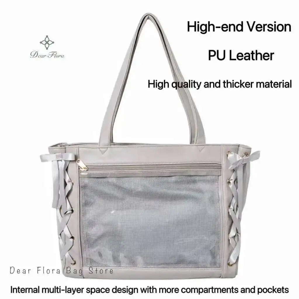 Japanese Sweet Women Ribbon Ita Bag Cute Lolita Girl Transparent Handbags Large Capacity Tote