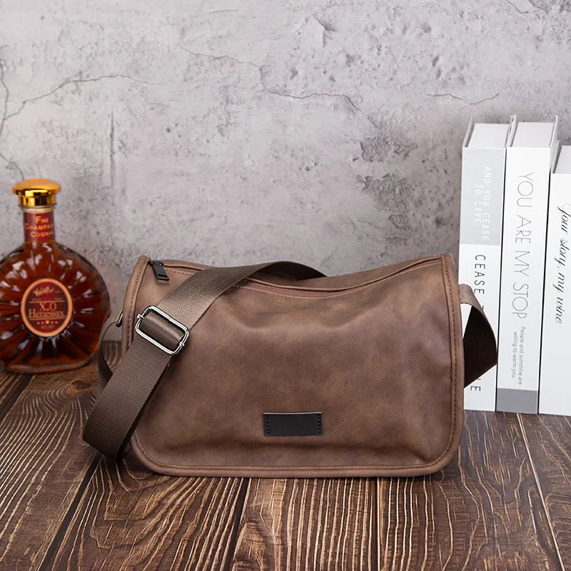 Men S Pu Leather Single-Shoulder Bag Simple Fashionable Square Crossbody Bag Young Cyclists