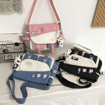 Harajuku Nylon Messenger Bag with Cute Badge Pins – Large Capacity