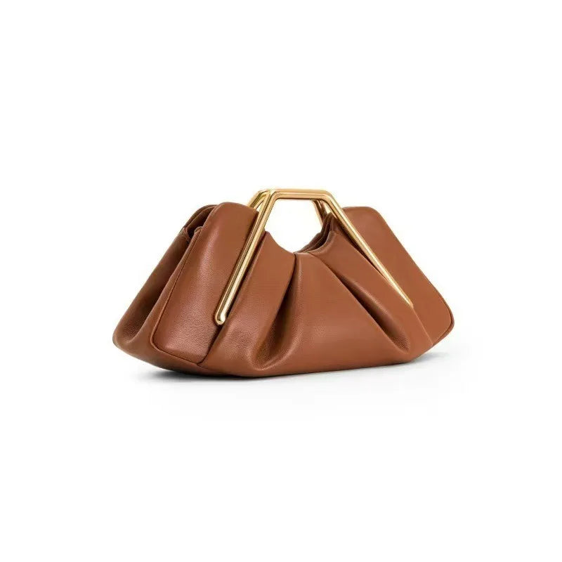 Elegant Pleated Leather Clutch Bag Luxury Gold Metal Frame Handbag Vintage Evening Party Purse