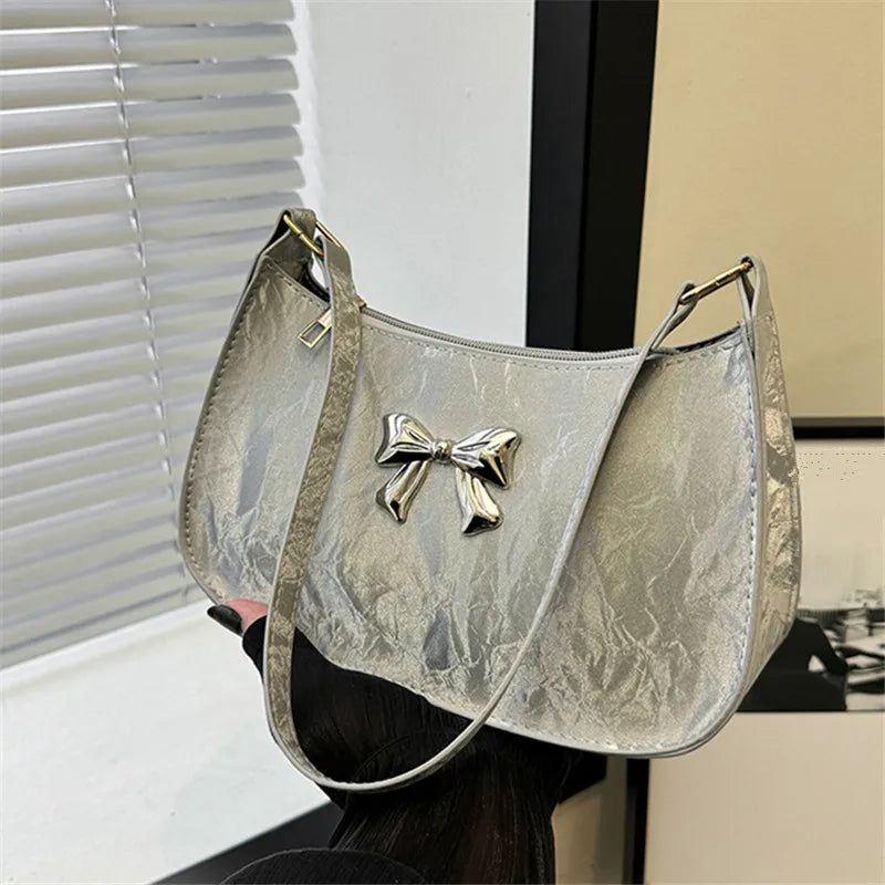 Bow Shoulder Bag – Women's Trendy Underarm Handbag with Metal Bow