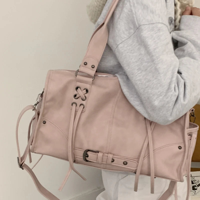 Retro Women S Motorcycle Handbag Brand Tassel Design High-End Shoulder Pillow Bag Trendy Large