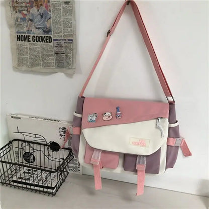 Harajuku Nylon Messenger Bag with Cute Badge Pins – Large Capacity