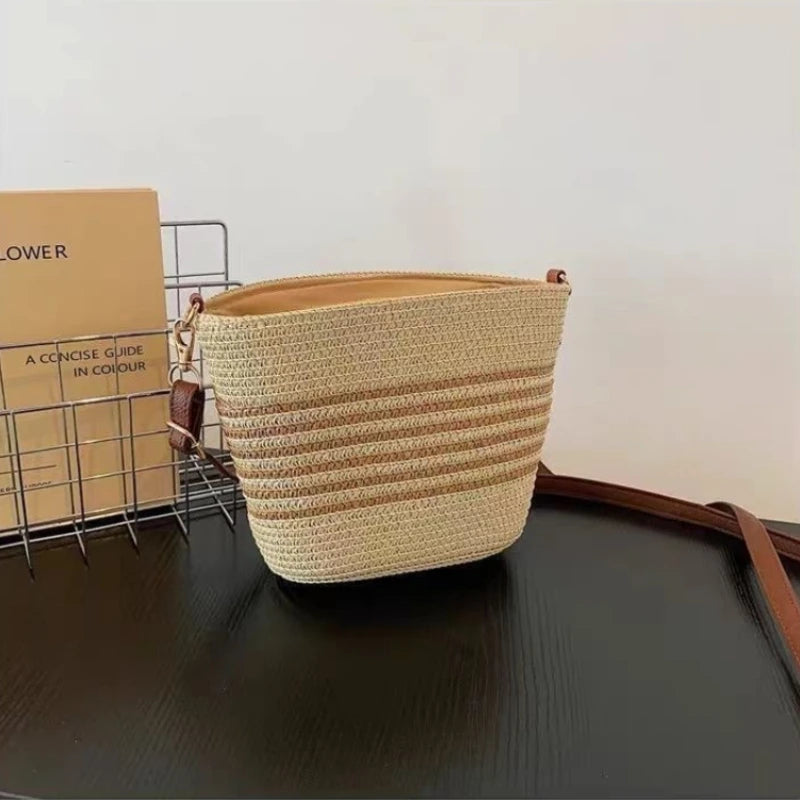 Women Straw Woven Crossbody Bags Striped Beach Shoulder Purse Leather Strap Casual Summer Chic