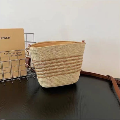 Women Straw Woven Crossbody Bags Striped Beach Shoulder Purse Leather Strap Casual Summer Chic