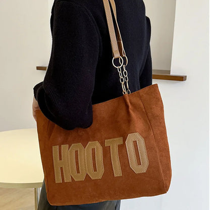 Letter Patch Suede Tote Bag – Vintage Women's Shoulder Handbag with Zipper
