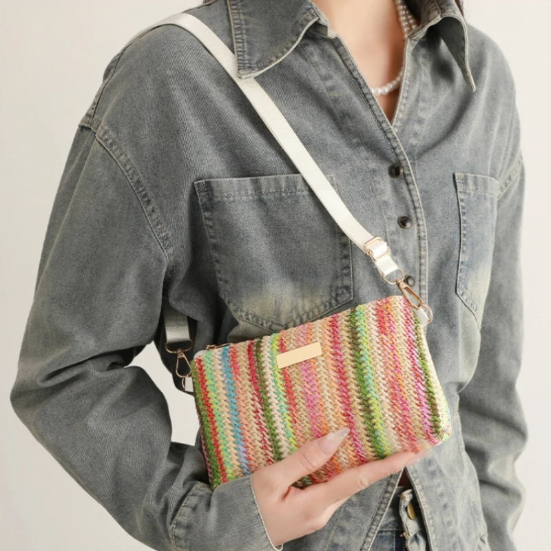 Colorful Striped Woven Crossbody Bag with Wide Adjustable Strap