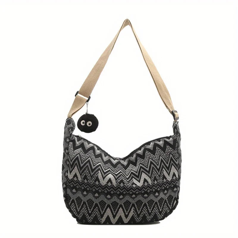 Wave Pattern Canvas Crossbody Bag – Large Shoulder Bag for Women