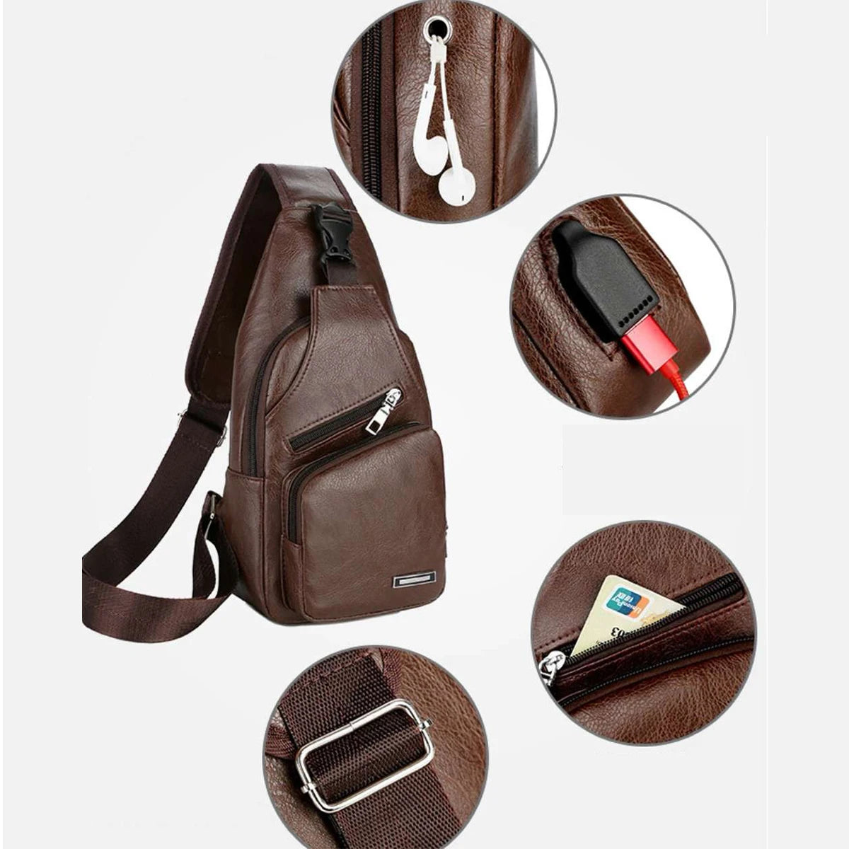Simple Fashionable Casual Solid Color Pu Multifunctional Usb Charging Zipper Men S Chest Bag