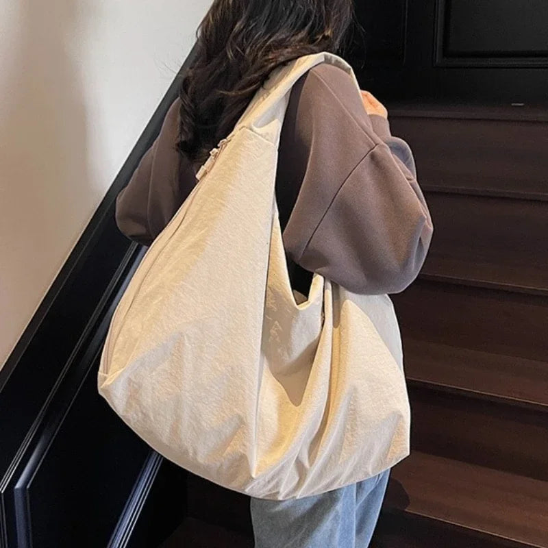 Chic Solid Color Nylon Tote Bag Multiple Zipper Pockets Large Capacity Casual Shoulder Bag College