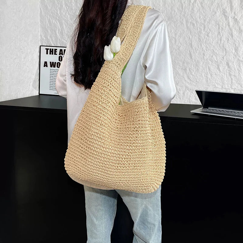 Summer Women Rattan Bag Large-Capacity Wicker Woven Bags Girls Handmade Beach Shoulder Straw Tote
