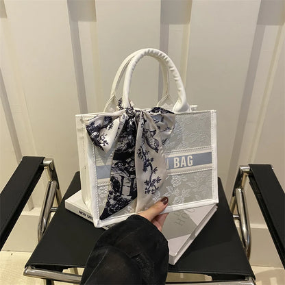 Chic Embroidered Handbag Silk Scarf Bow Women Tote Bag Pu Leather Letter Underarm Commute Shopping