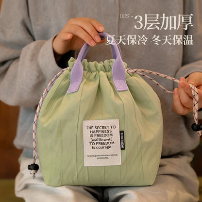 Lightweight Polyester Color-Blocking Hand-Held Insulated Lunch Box Bag Commuting Drawstring