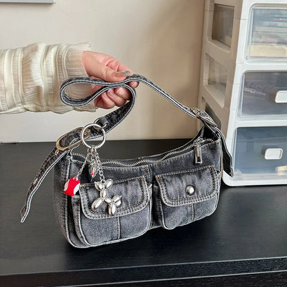 Washed Denim Shoulder Bag Y2K Style with Balloon Dog Charm