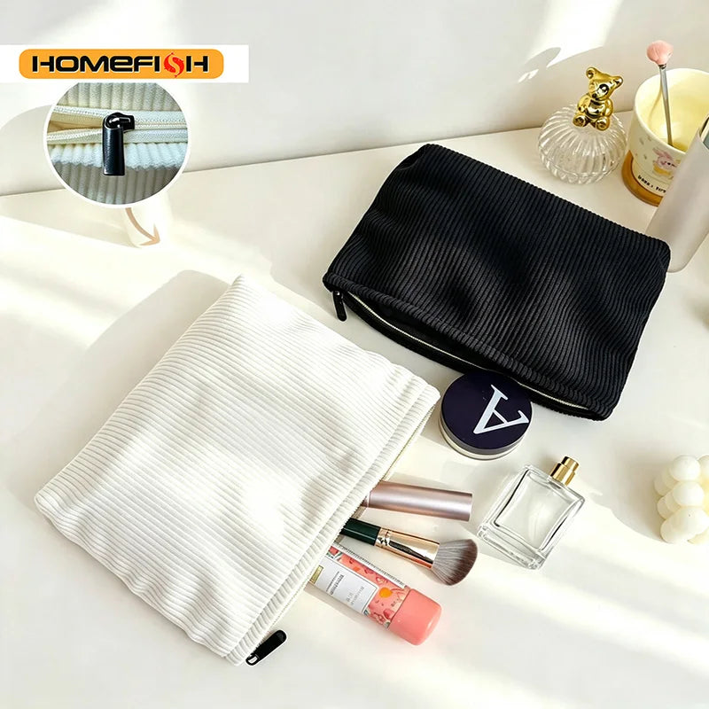 Homefish Corduroy Cosmetic Bag Large Capacity Portable Travel Makeup Organizer Zipper Women Daily