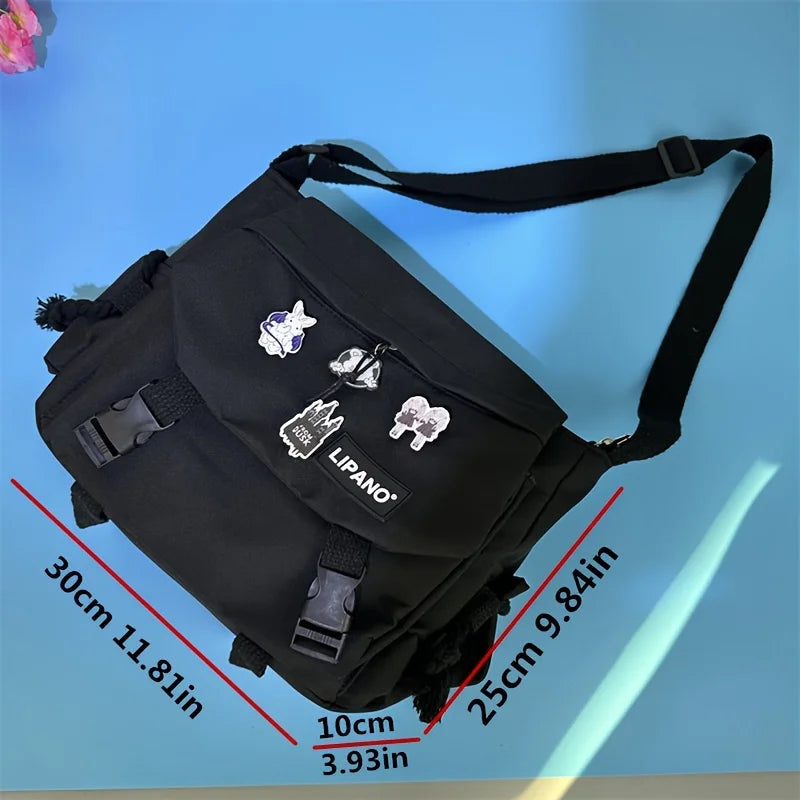 Water-Resistant Messenger Bag with Cute Pins – Kawaii Crossbody Bag