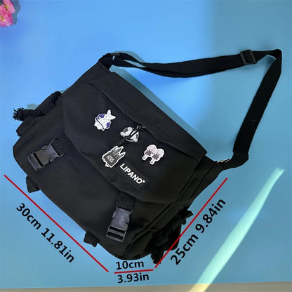 Water-Resistant Messenger Bag with Cute Pins – Kawaii Crossbody Bag