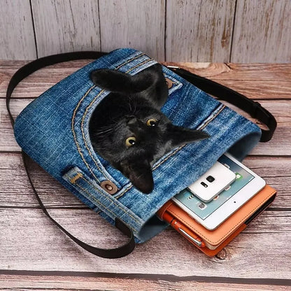 Women's Denim Crossbody Bag – Cute Cat Print Shoulder Bag