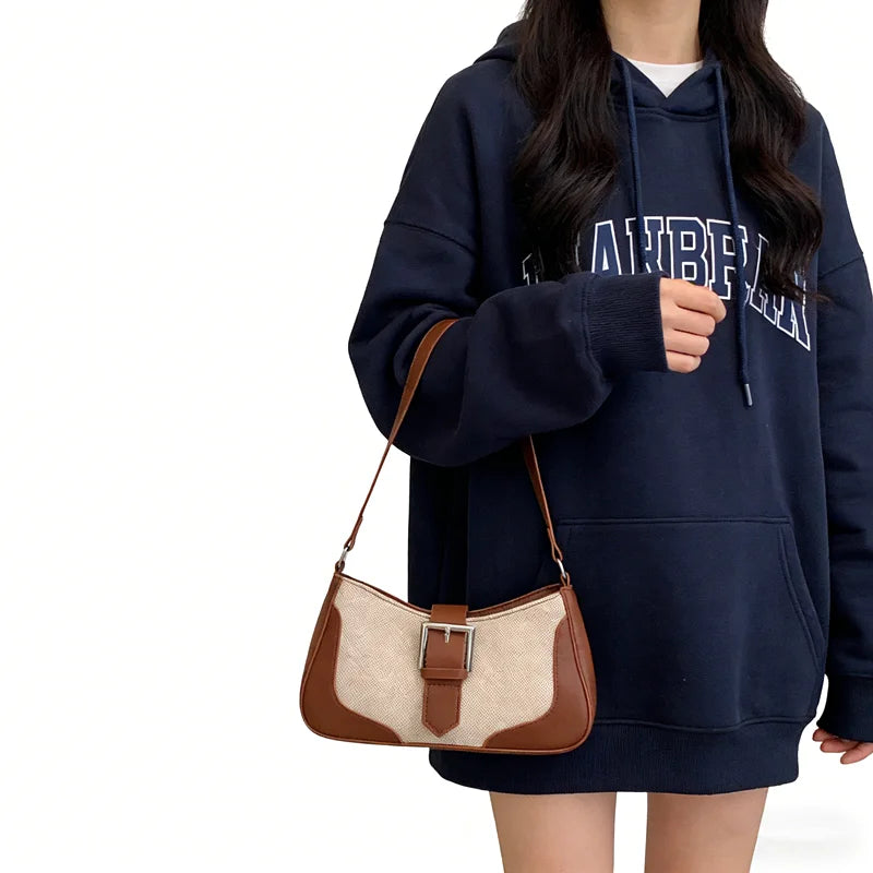 Retro Woven Canvas Baguette Bag – Buckle Underarm Shoulder Purse