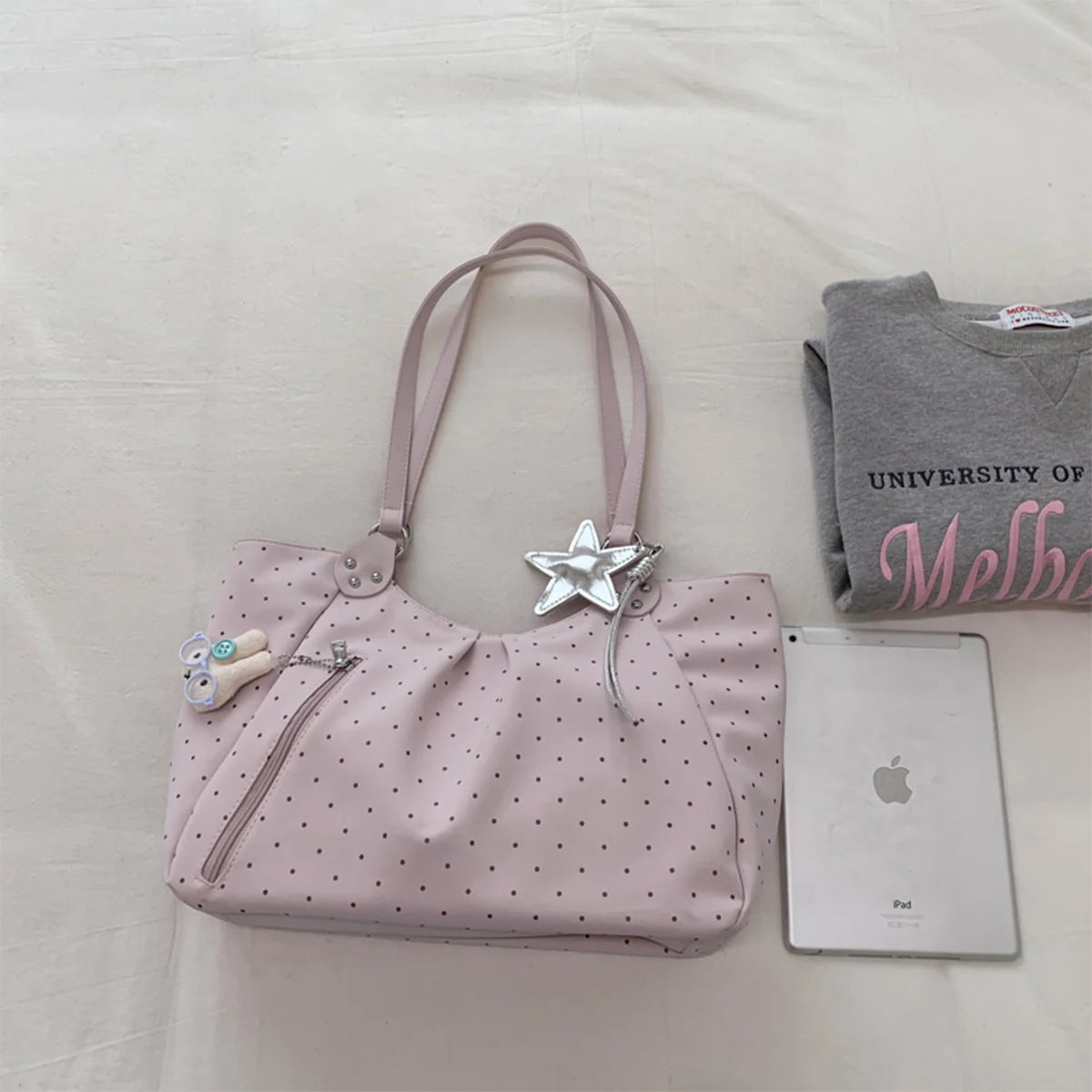 Sweet Women Shoulder Bag Polka Dot Cute Pendant Tote Pu Leather Large Capacity Handbag Commute