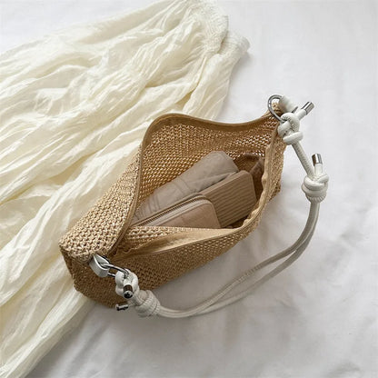 Straw Woven Shoulder Bag with Knotted Leather Handle