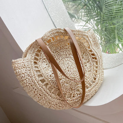 Round Straw Bag Women Handmade Crochet Beach Shoulder Tote