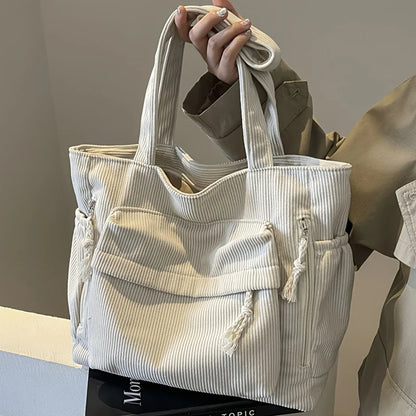 Corduroy Tote Bag with Multi Pockets & Tassel Zippers
