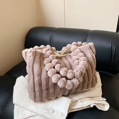 Plush Faux Fur Tote Bag – Soft Striped Shoulder Bag for Autumn Winter