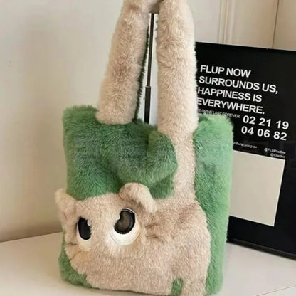 Plush Cat Tote Bag – Kawaii Faux Fur Handbag for Women