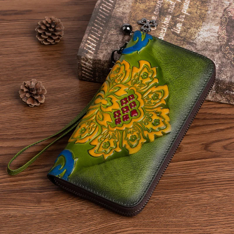 Women S Top Layer Vegetable-Tanned Cowhide Color-Polished Long Retro Wallet